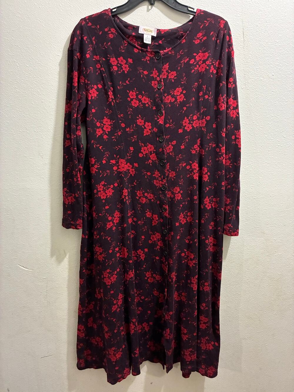 Vintage 90s Talbots 100% Cotton Floral Button Front Midi Dress Red Black Large